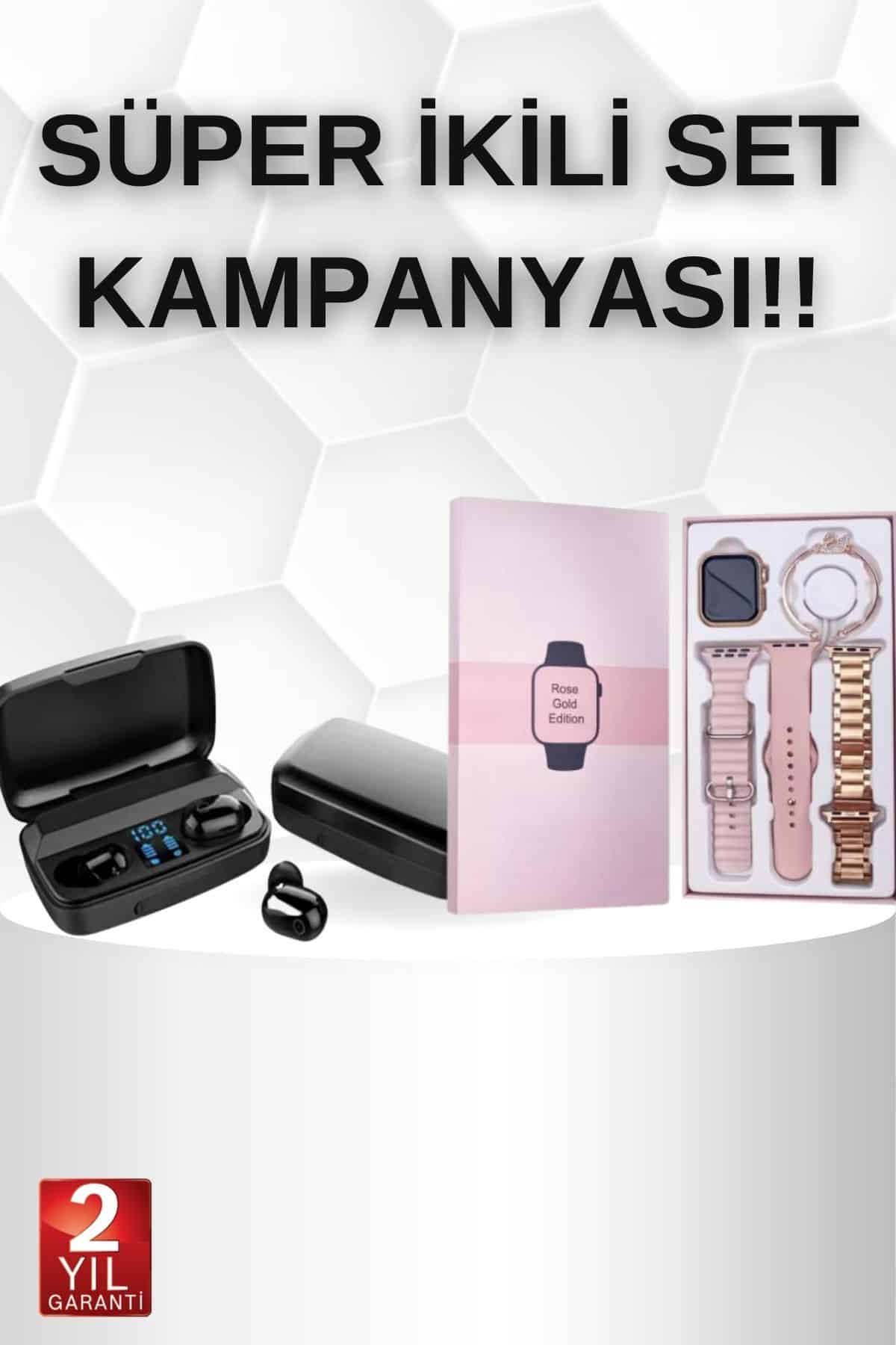 Wireless Şarjlı Pembe Akıllı Saat ve Kablosuz Bluetooth Kulaklık Dokunmatik Kontrol - Lisinya