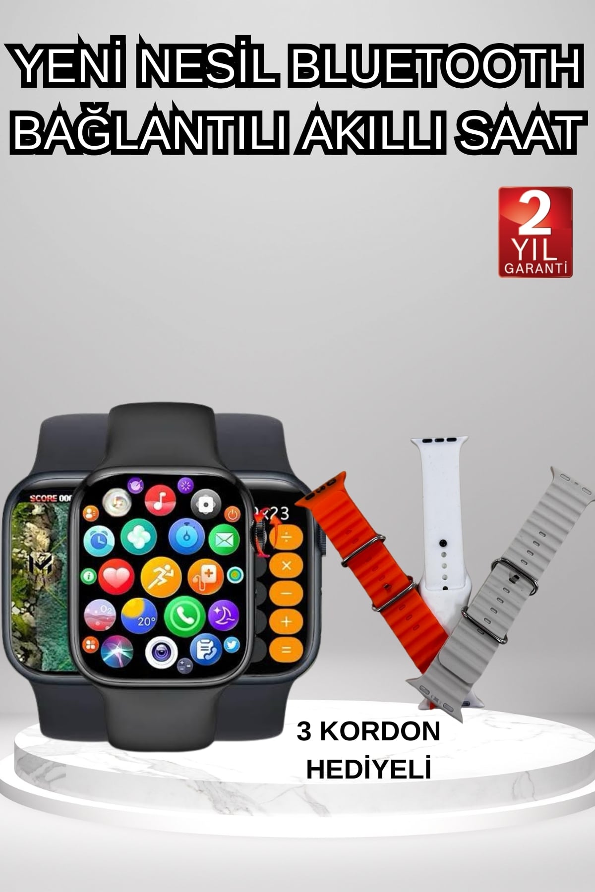 Akıllı Saat Arama Görüşme Bildirim Görme Uyku ve Sağlık Takibi Nabız Ölçer 3 Kordon Hediyeli - Lisinya