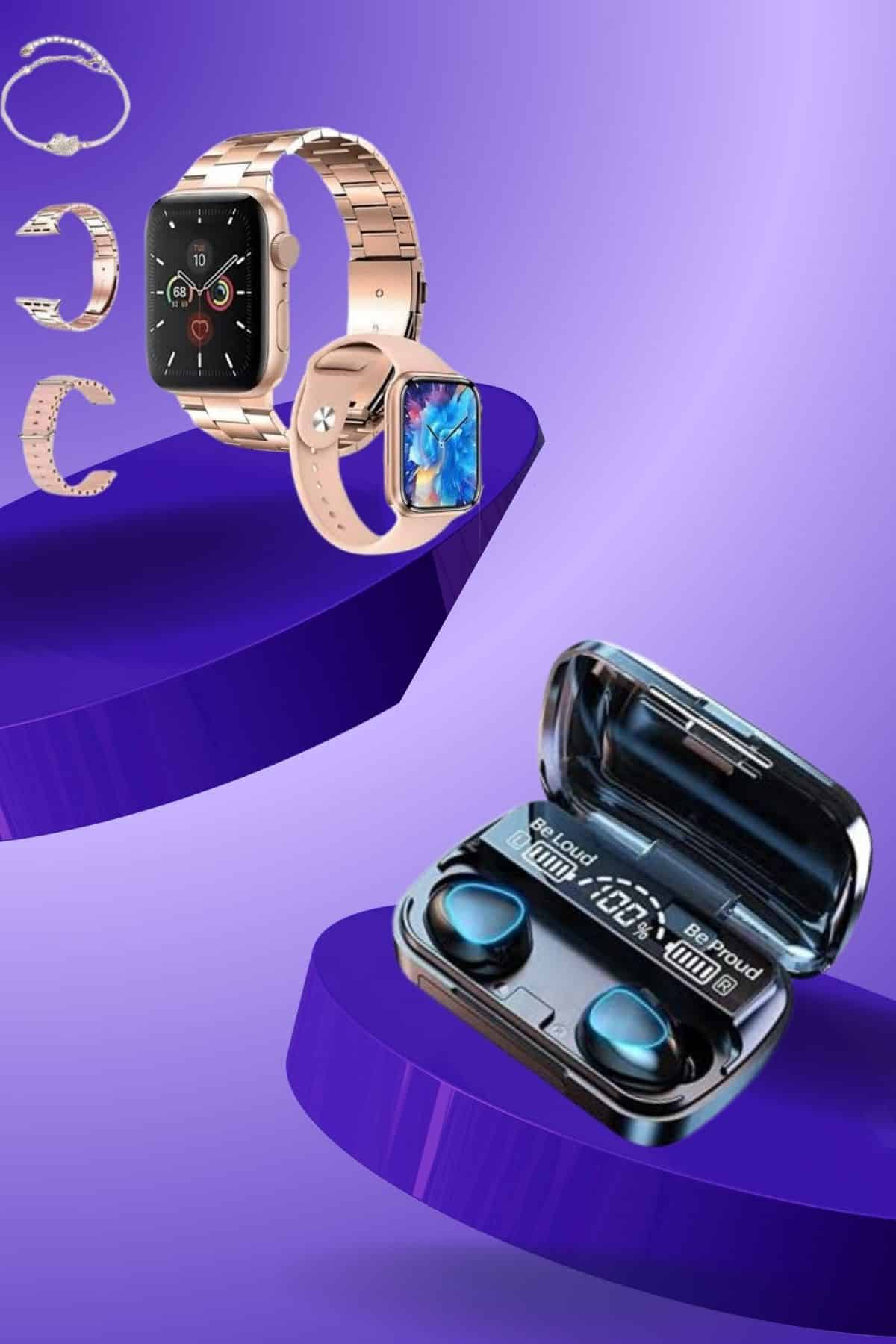 Aksesuar Hediyeli Akıllı Saat ve Dijital Göstergeli Powerbankli Bluetooth Kulaklık - Lisinya