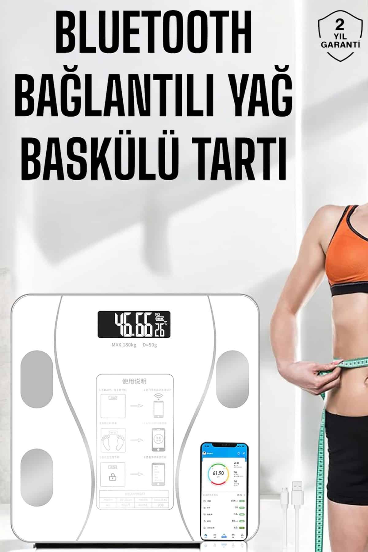 Akıllı Tartı Dijital Baskül Yağ Su Kas Vücut Kitle Kilo Ölçer Tartı - Lisinya