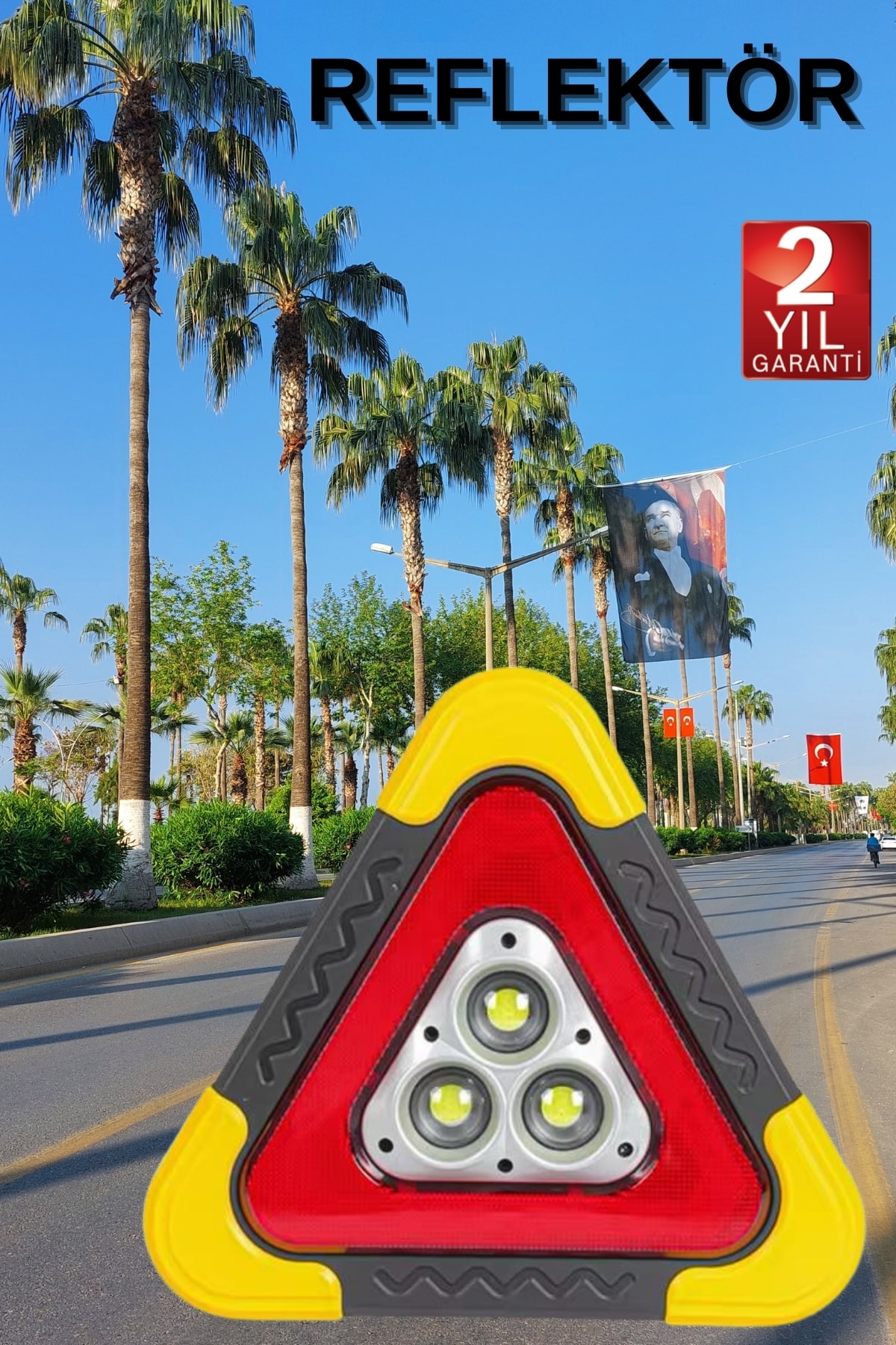 Reflektör Güneş Panelli Solarlı Şarjlı Üçgen Işıklı Trafik Reflektör Fener - Lisinya