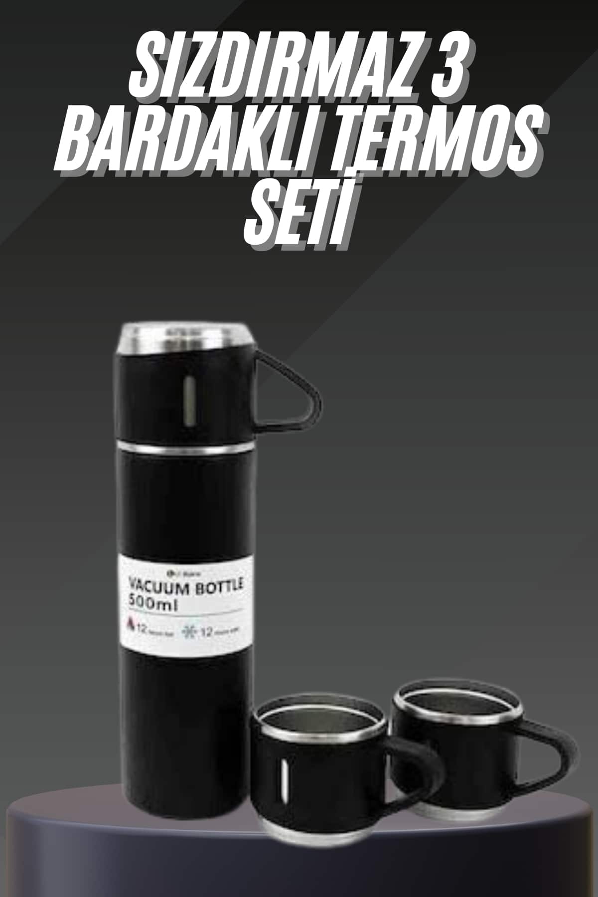 Termos Seti Paslanmaz Çelik 3 Bardaklı Vakumlu Termos Set 500 Ml 12 Saate Kadar Isı Koruma - Lisinya
