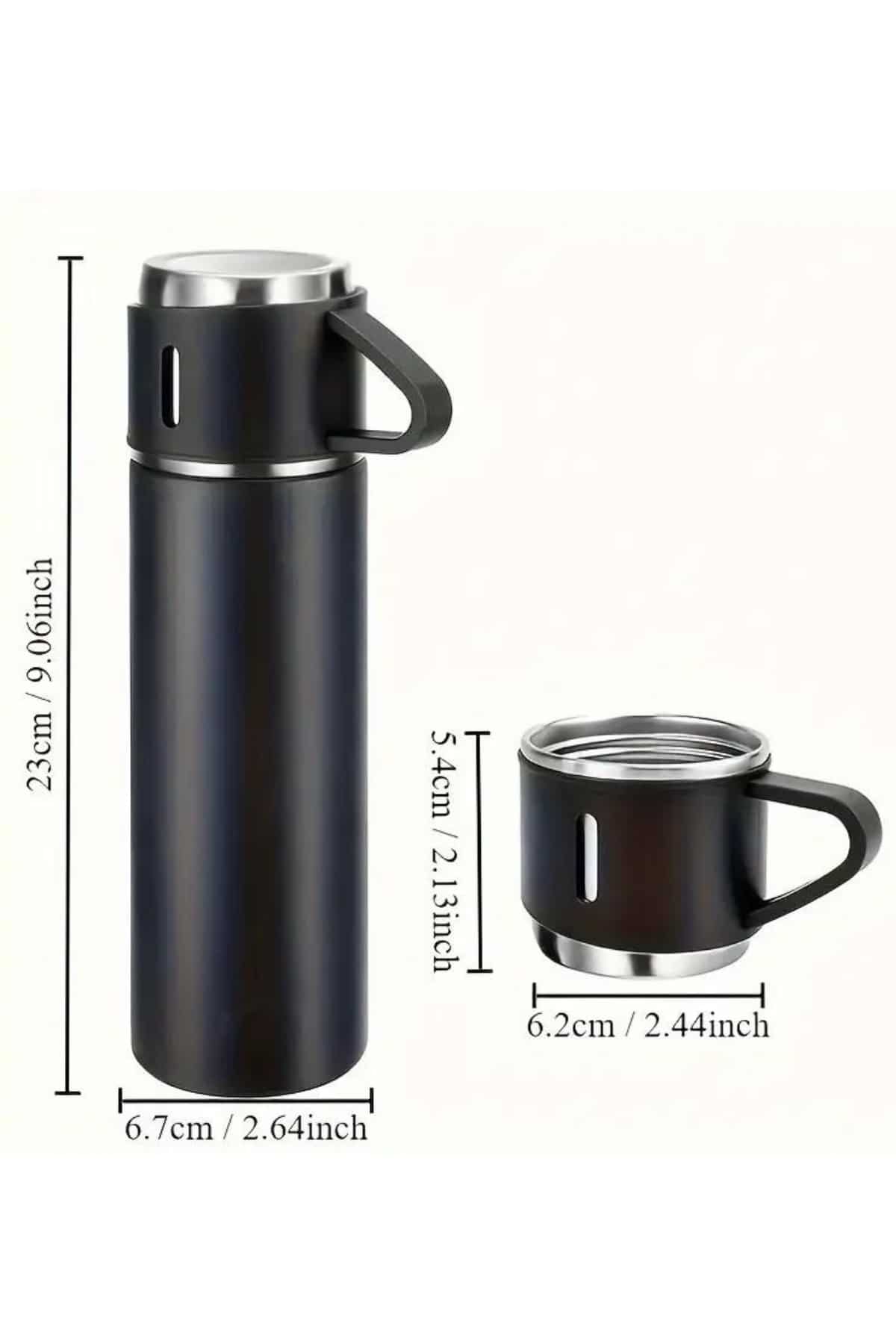 Termos Seti 3'lü Bardak Seti Isı Dayanıklı Siyah Paslanmaz Çelik Vakumlu - Lisinya