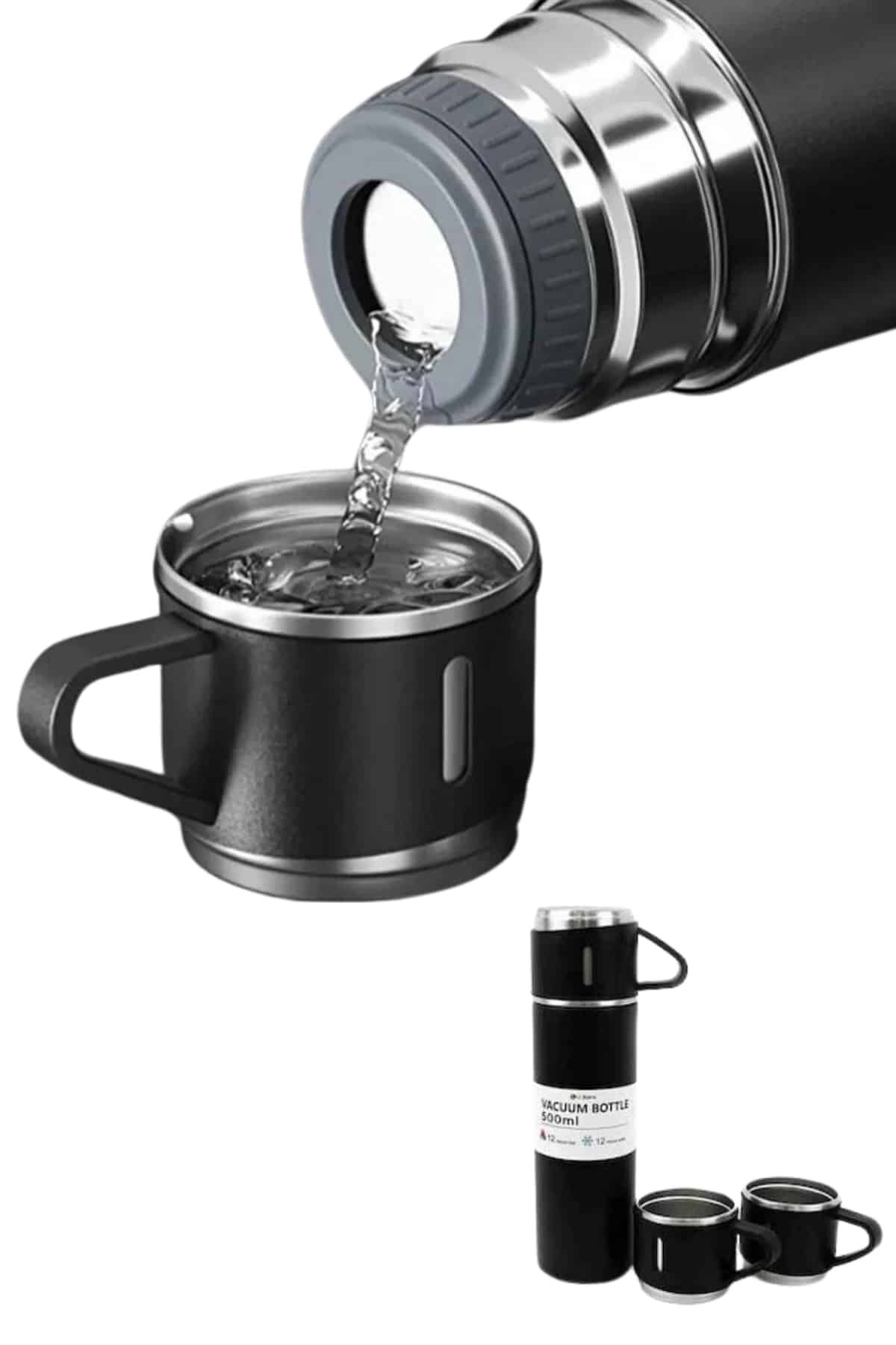 Termos Paslanmaz Çelik Termos Siyah Renk 3 Bardaklı Termos Seti - Lisinya