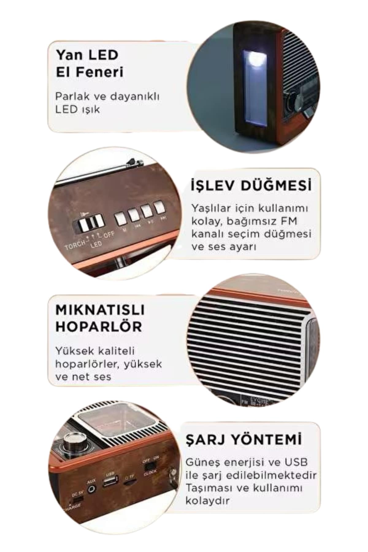 Vintage Nostaljik Radyo AUX USB SD Kart Girişli Şarjlı Bluetooth Bağlantılı - Lisinya