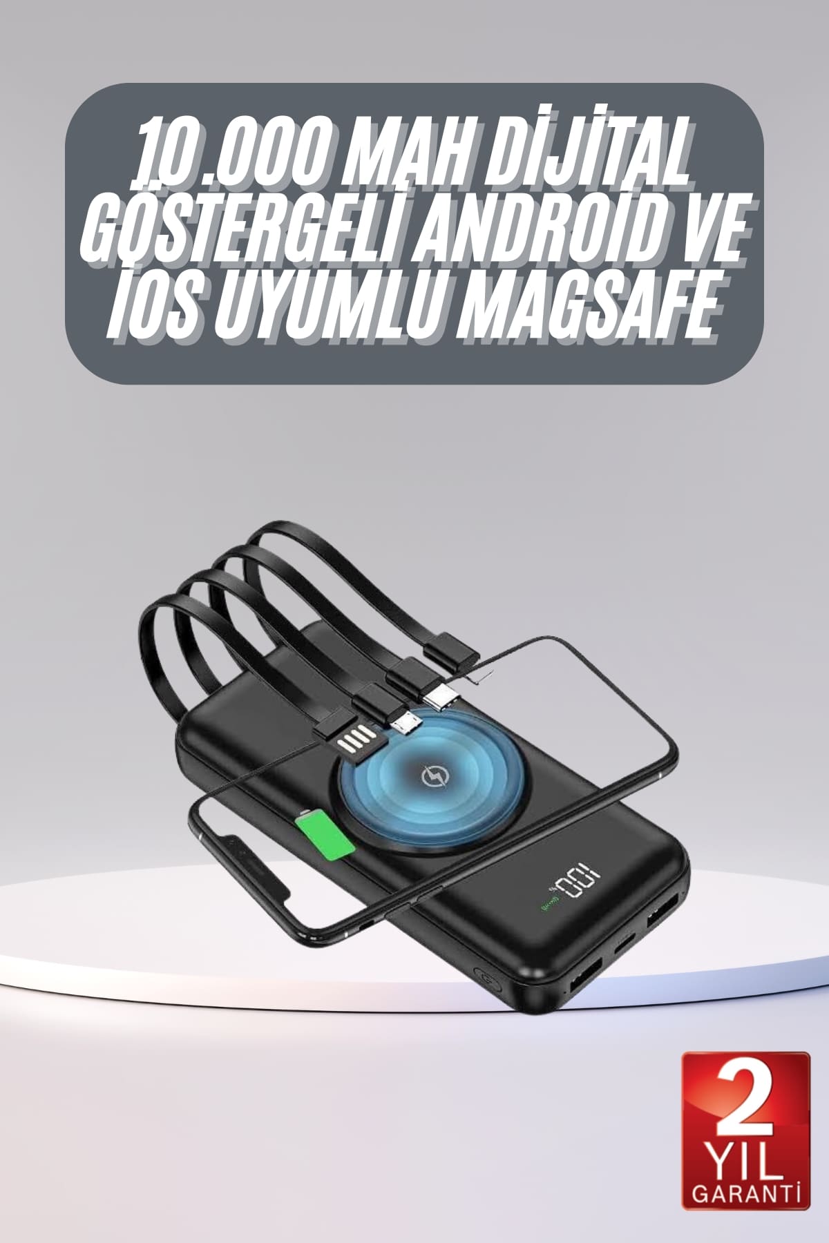 Kablosuz Çoklu Şarj Girişli 10.000 Mah Kablolu Powerbank Taşınabilir - Lisinya
