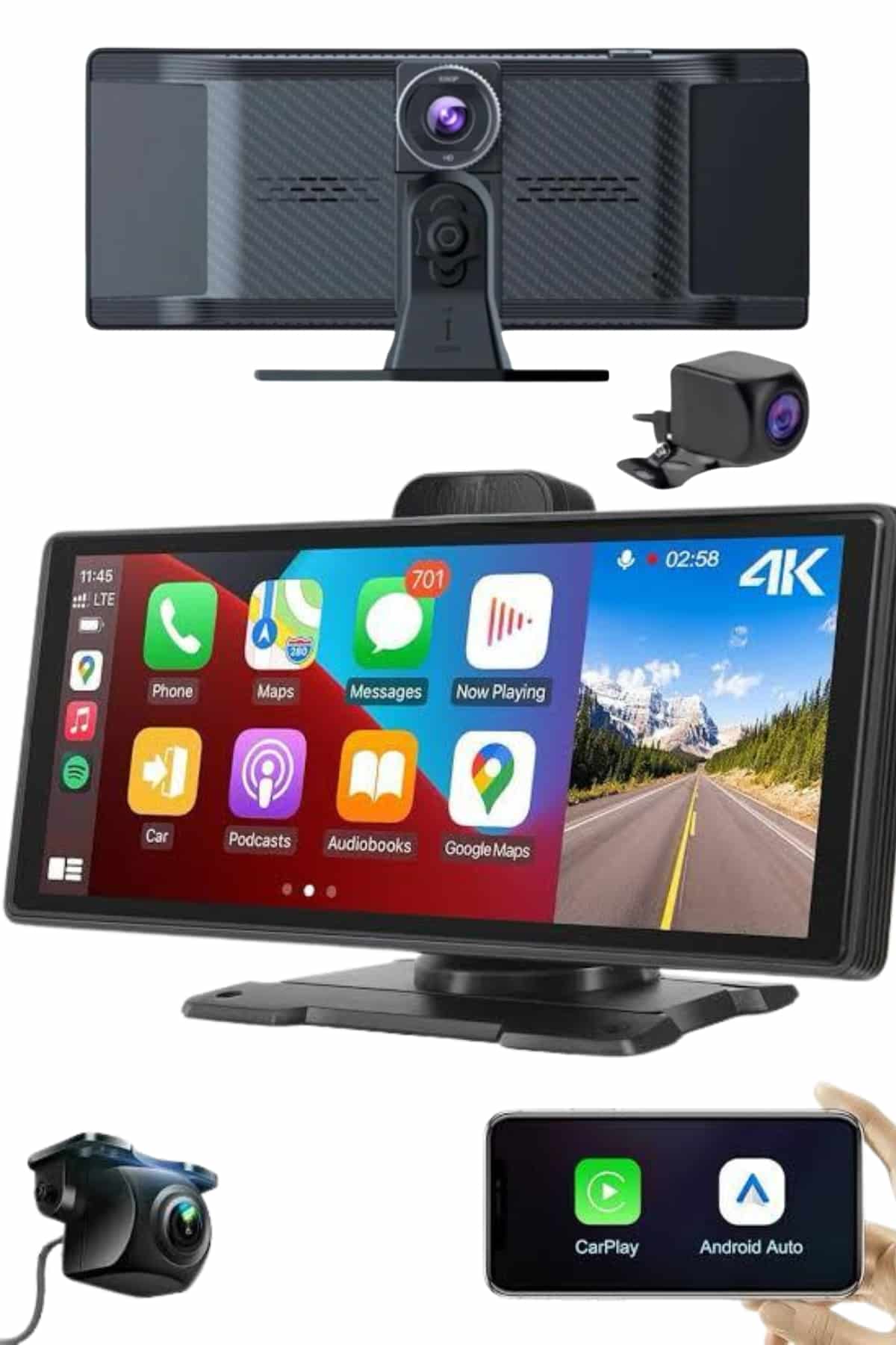 Android ve İOS Uyumlu Ön Arka Çift Kameralı Araç Ekranı Dokunmatik CarPlay - Lisinya