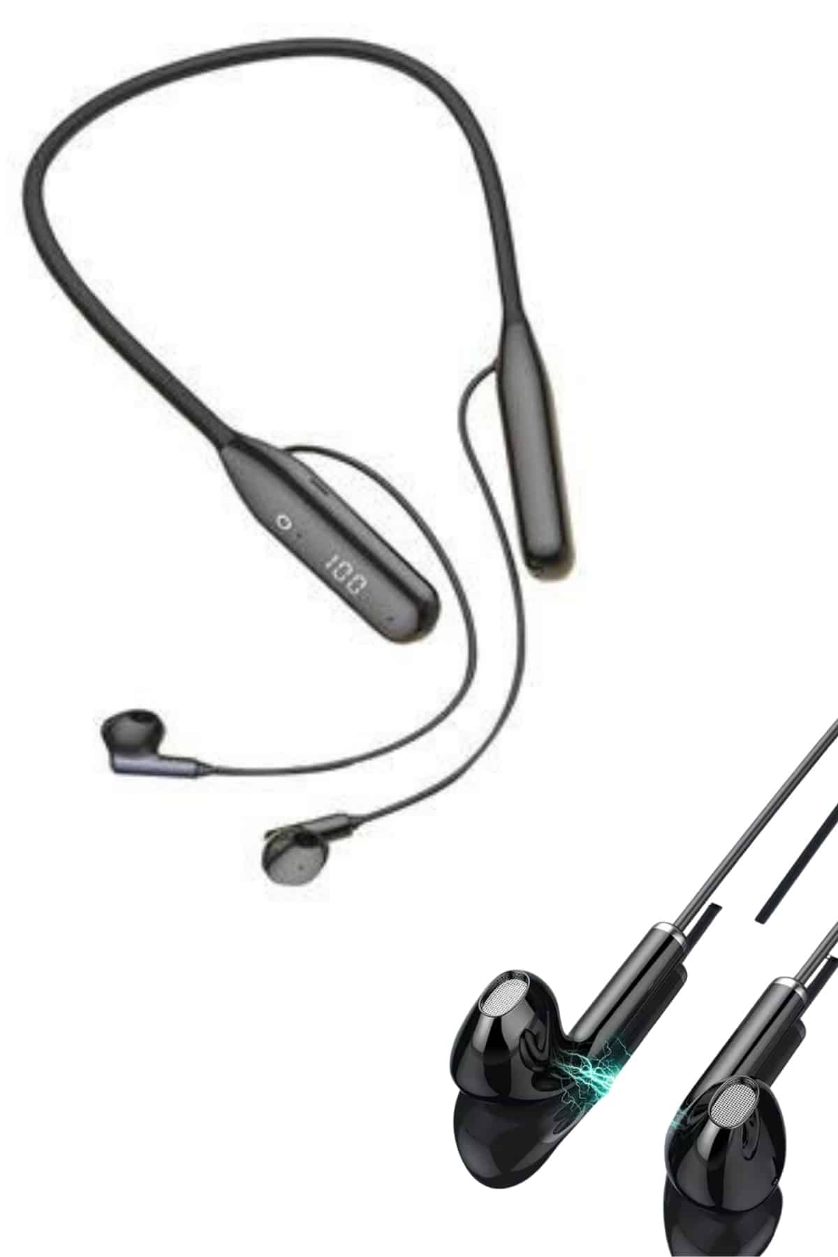 100 Saat Kablolu Boyun Askılı Dijital Göstergeli Bluetooth Kulaklığı - Lisinya 100 Saat Kablolu Boyun Askılı Dijital Göstergeli Bluetooth Kulaklığı - Lisinya