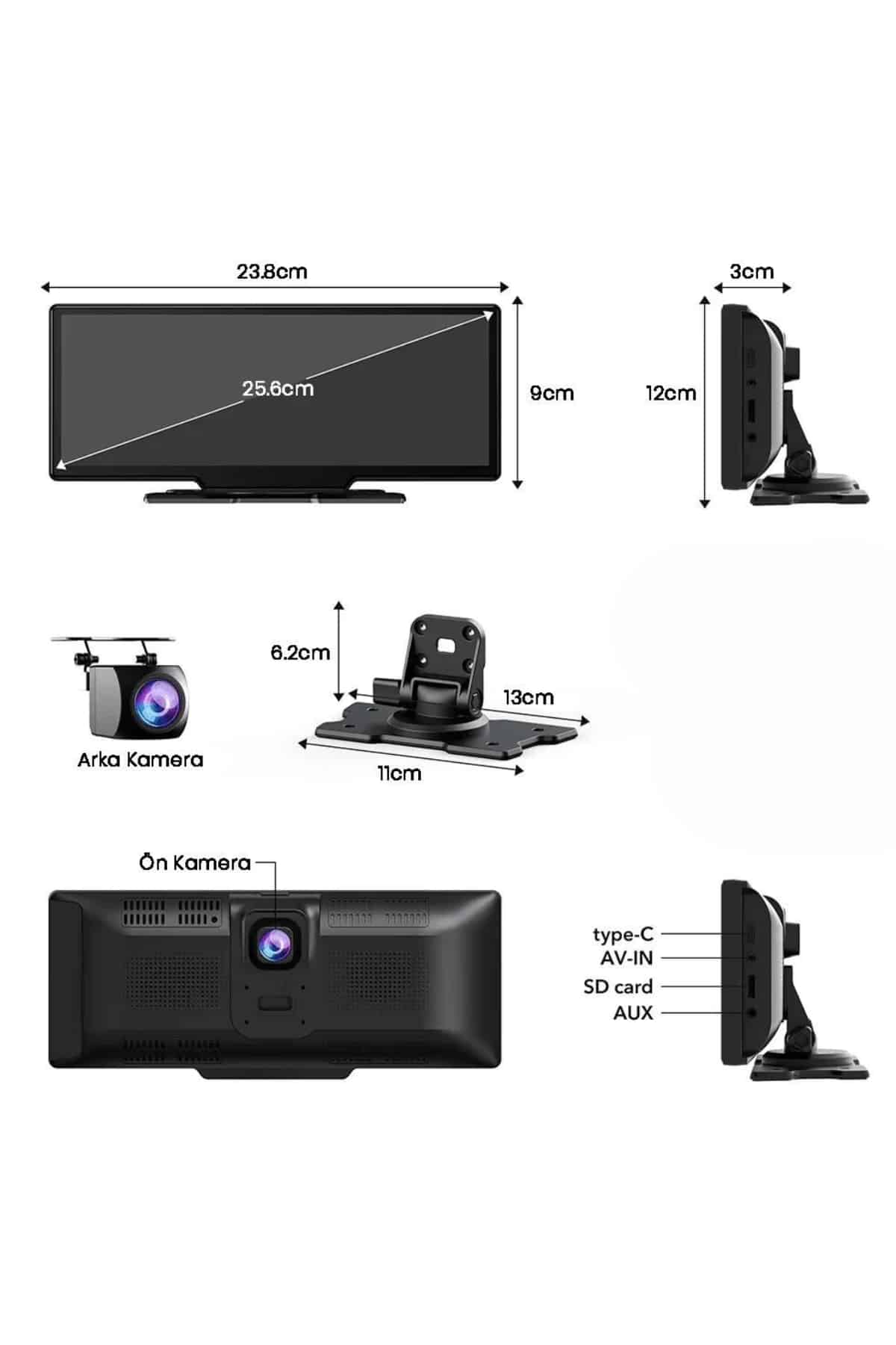 Android ve İOS Uyumlu Ön Arka Çift Kameralı Araç Ekranı Dokunmatik CarPlay - Lisinya
