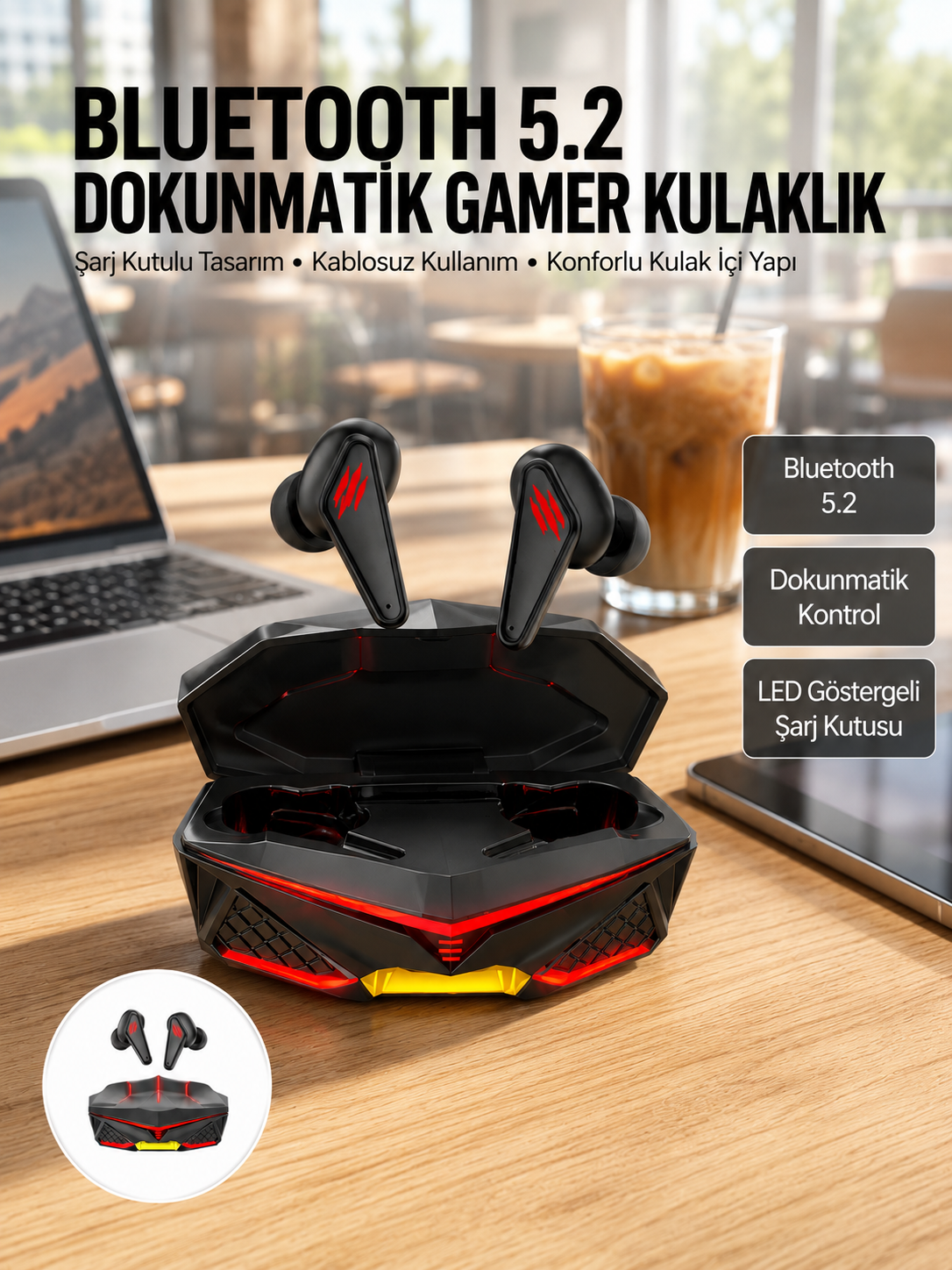 Dokunmatik Kontrol Tws Işıklı Kulakiçi Bluetooth Kulaklık Kablosuz Oyuncu Kulaklığı - Lisinya