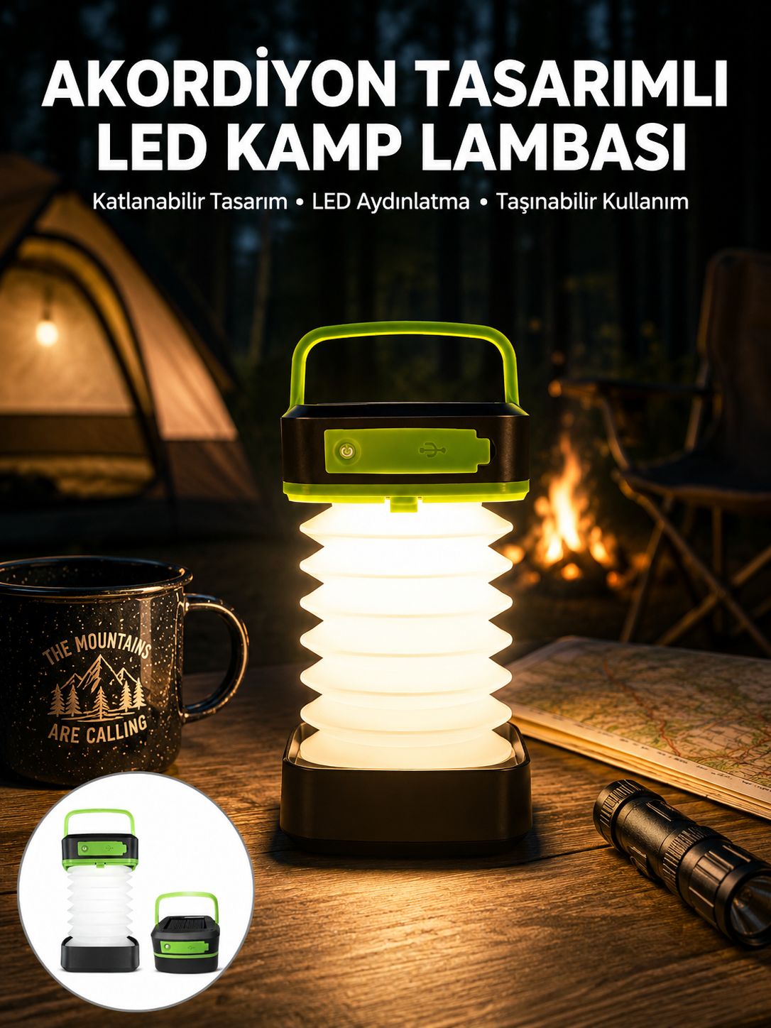 Katlanabilir Kamp Lambası Akordiyon Lamba Şarjlı 3 Kademeli Solar - Lisinya