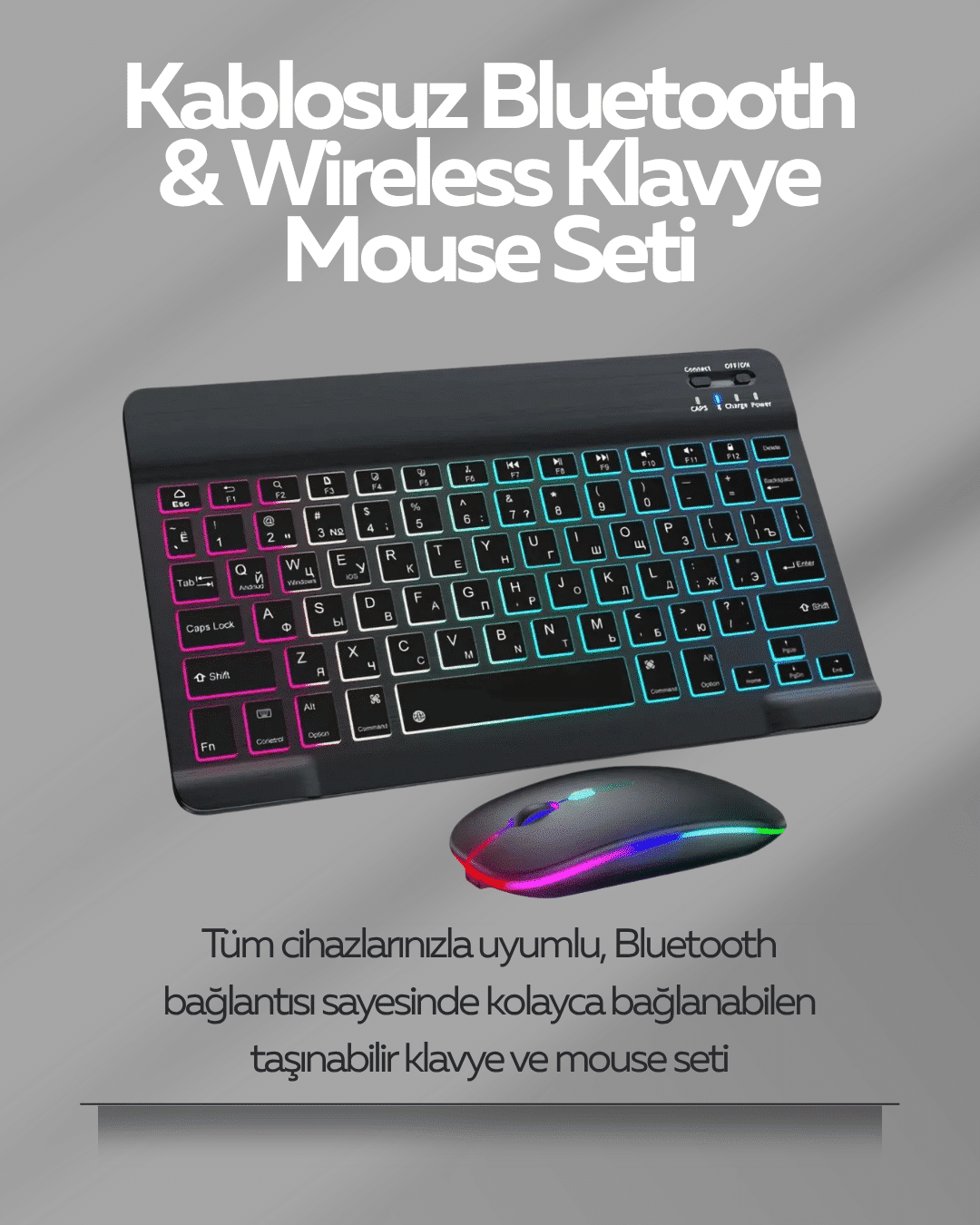 Tüm Cihazlarla Uyumlu RGB Işıklı Kablosuz Klavye ve Mouse Seti - Lisinya