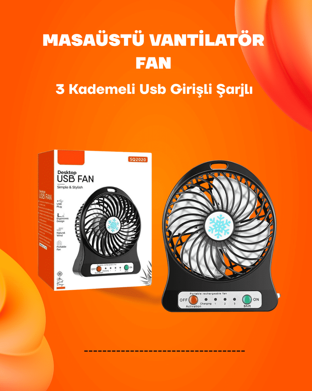 Mini Vantilatör Masaüstü – USB Girişli, Şarjlı, 3 Kademe, Sessiz Motor, Işıklı - Lisinya