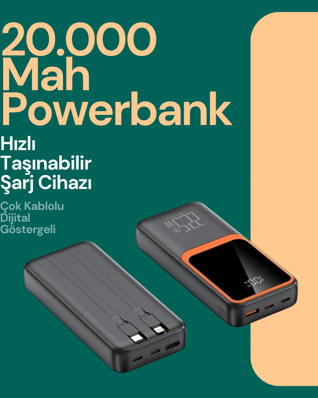 Taşınabilir Şarj Cihazı 20000 mAh | 22.5W Hızlı Şarj + Dijital Ekran + Kablo Dahil - Lisinya