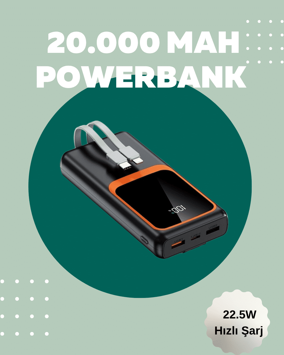 Dijital Ekranlı 20.000 mAh Powerbank | 22.5W Hızlı Şarj + Çoklu Bağlantı Seçeneği - Lisinya