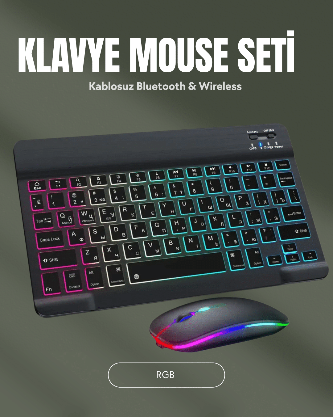 RGB Aydınlatmalı Şarjlı Kablosuz Klavye ve Mouse Seti – Modern ve Kompakt Tasarım - Lisinya