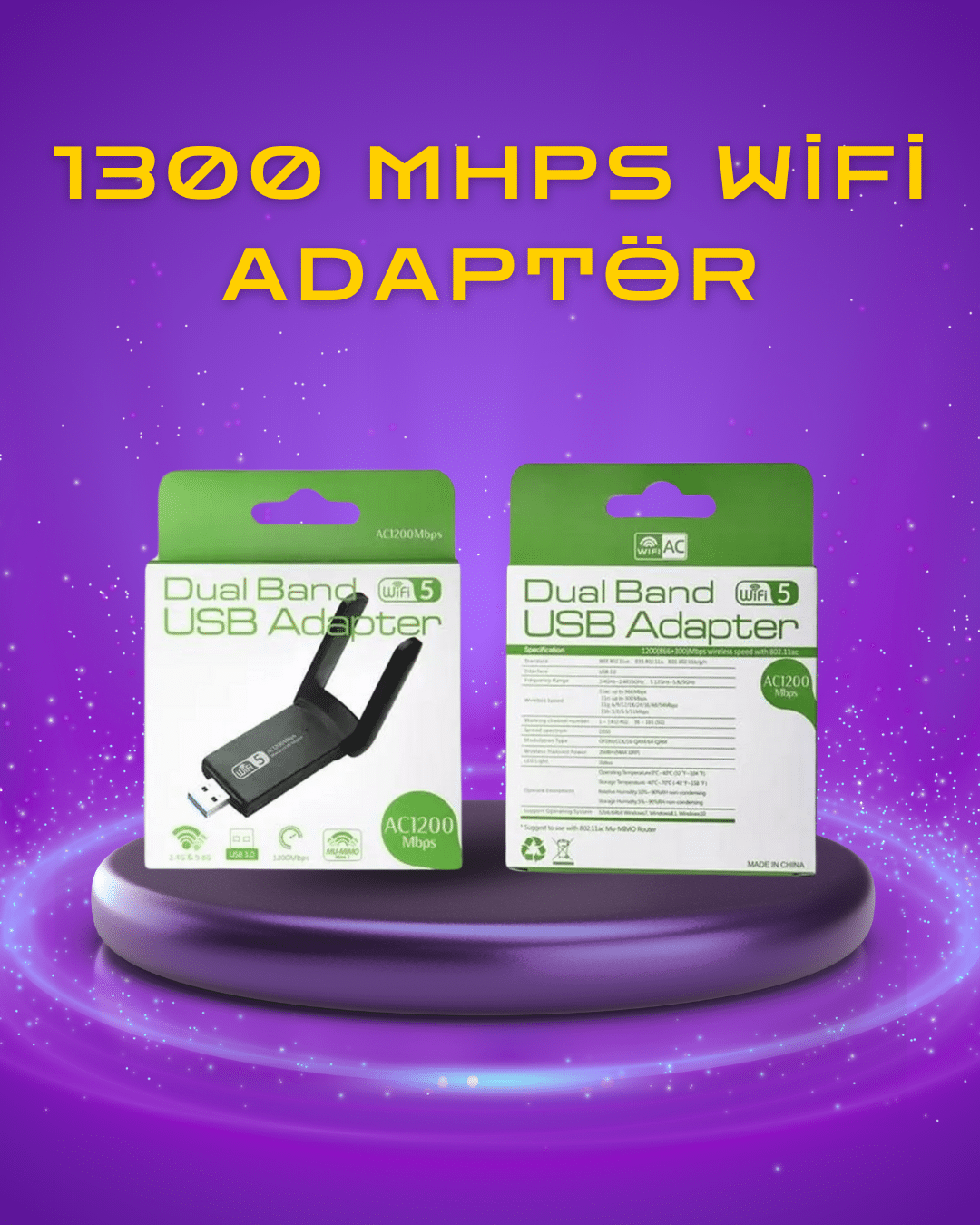 Yüksek Hızlı 1200 Mbps Çift Bant USB WiFi Adaptör – Güçlü Sinyal, Geniş Uyumluluk - Lisinya