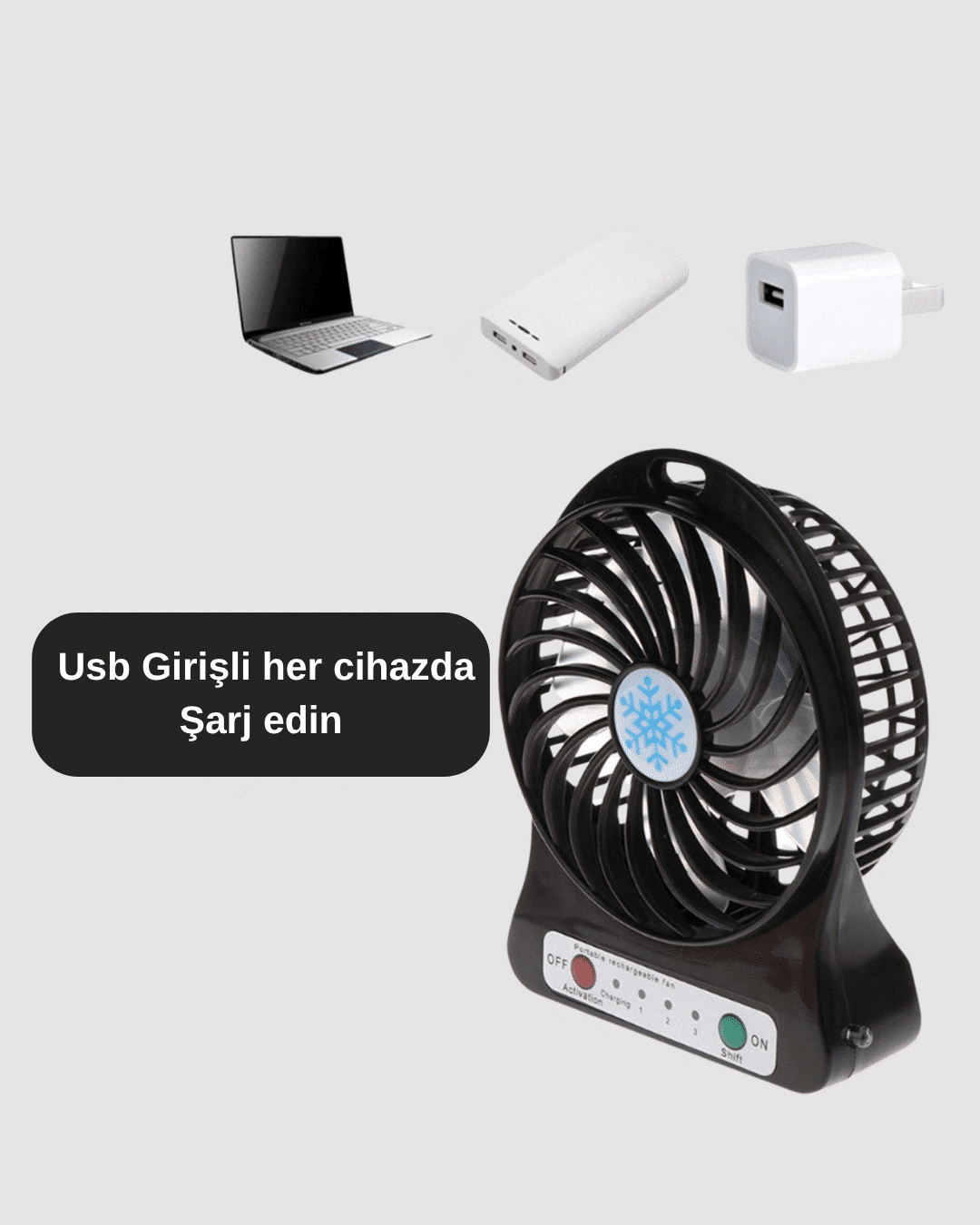 Şarjlı USB Fan – Masaüstü Mini Vantilatör, Taşınabilir, Işıklı, 3 Kademeli, Sessiz - Lisinya