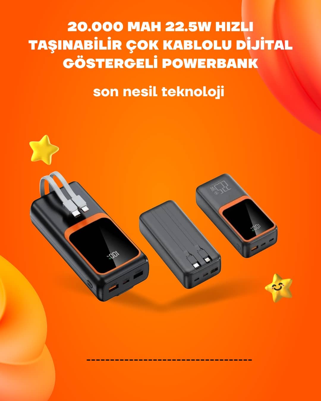 Powerbank 20000 mAh | 22.5W Hızlı Şarj, Dahili Kablolu, LCD Ekranlı Şarj Cihazı - Lisinya