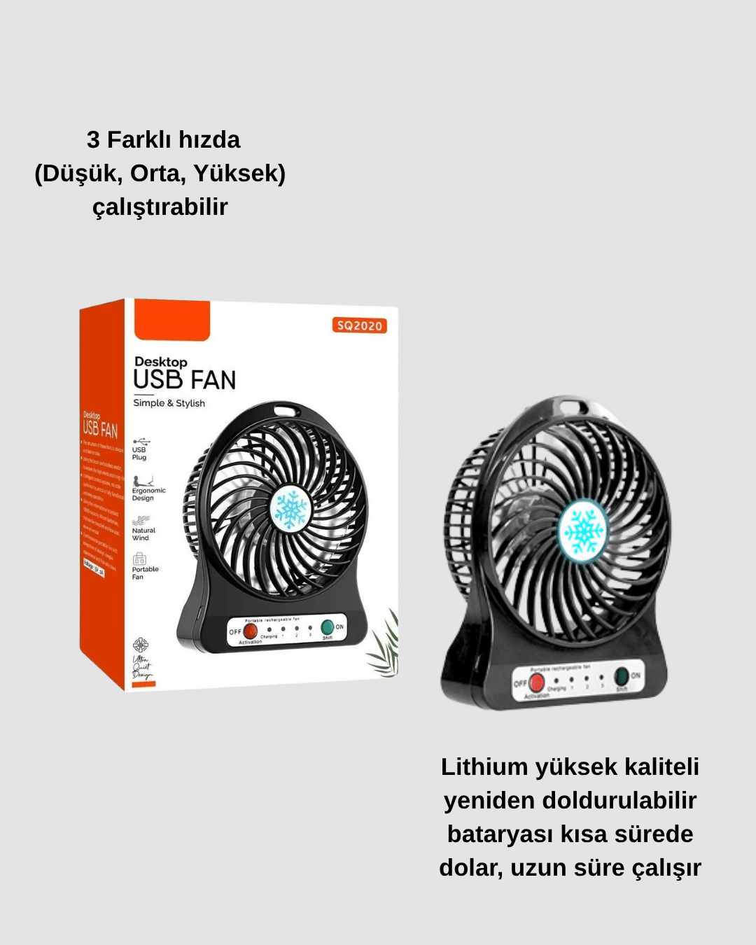 Şarjlı USB Fan – Masaüstü Mini Vantilatör, Taşınabilir, Işıklı, 3 Kademeli, Sessiz - Lisinya