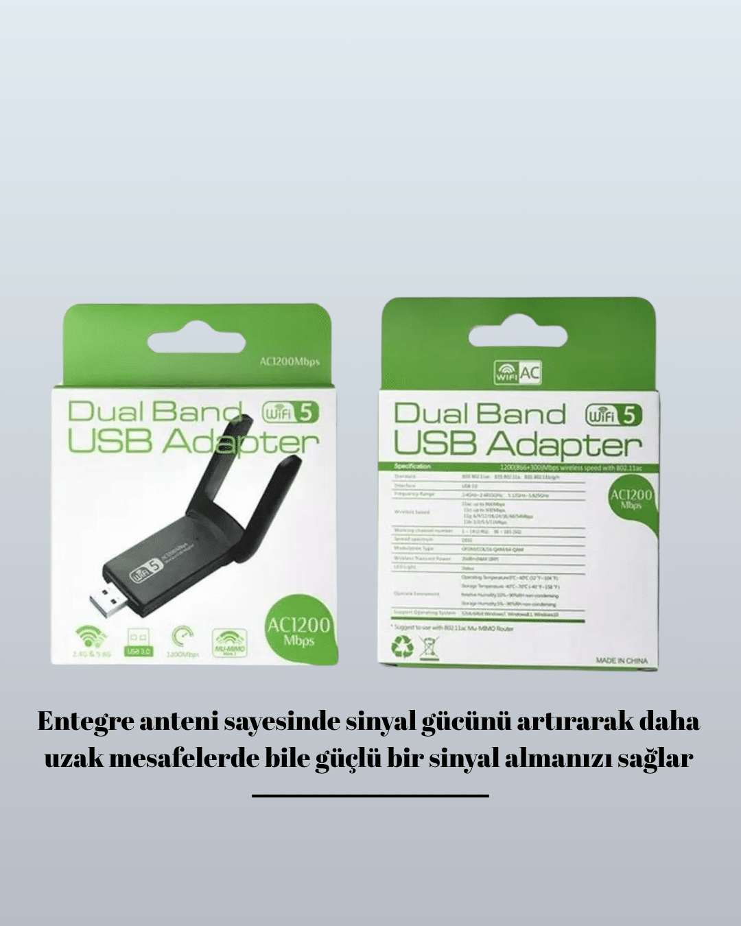 Yüksek Hızlı 1200 Mbps Çift Bant USB WiFi Adaptör – Güçlü Sinyal, Geniş Uyumluluk - Lisinya