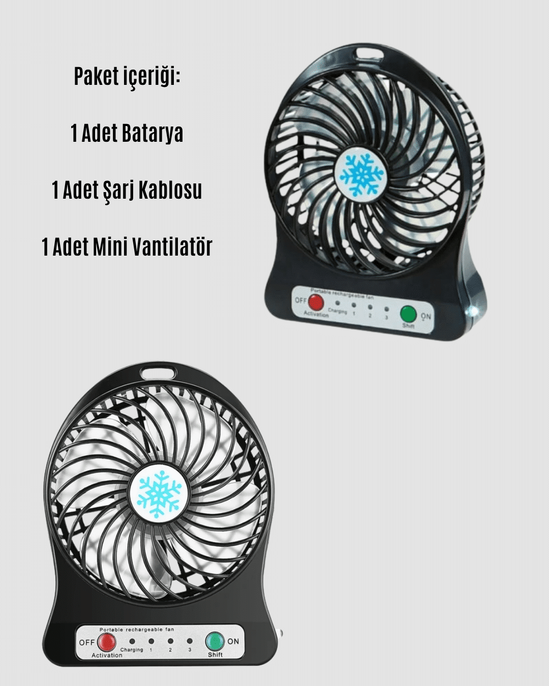 Şarjlı USB Fan – Masaüstü Mini Vantilatör, Taşınabilir, Işıklı, 3 Kademeli, Sessiz - Lisinya