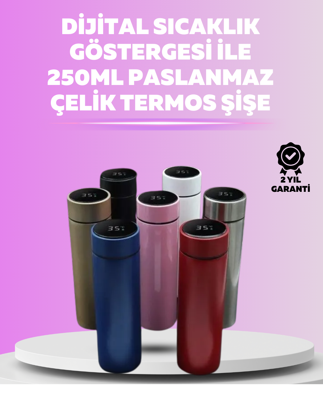 LED Sıcaklık Ölçerli 250 ml Yalıtımlı Termos Şişe - Lisinya