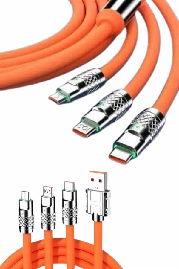 120W Silikon Metal Uçlu LED Işıklı 3 In1 Şarj Kablosu 1.2m - Lisinya 120W Silikon Metal Uçlu LED Işıklı 3 In1 Şarj Kablosu 1.2m - Lisinya