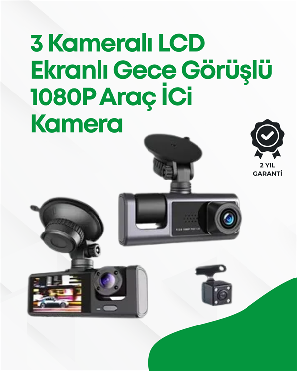 2.0” LCD Ekranlı, Döngüsel Kayıt Özellikli Üç Kameralı Oto Kamera - Lisinya