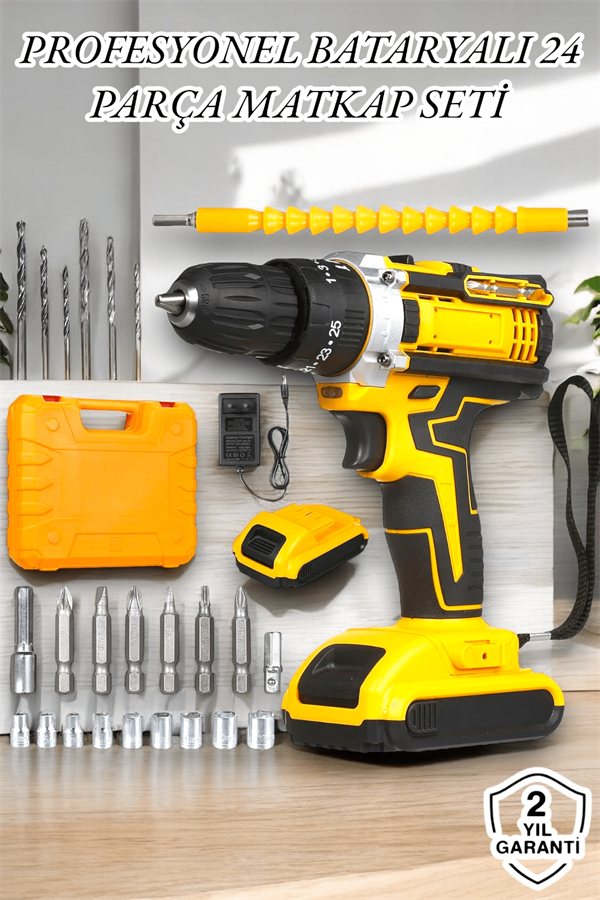 24 Parça Çift Bataryalı Şarjlı Matkap Seti 24W Motor ve Otomatik Mil Kilitli Tasarım - Lisinya