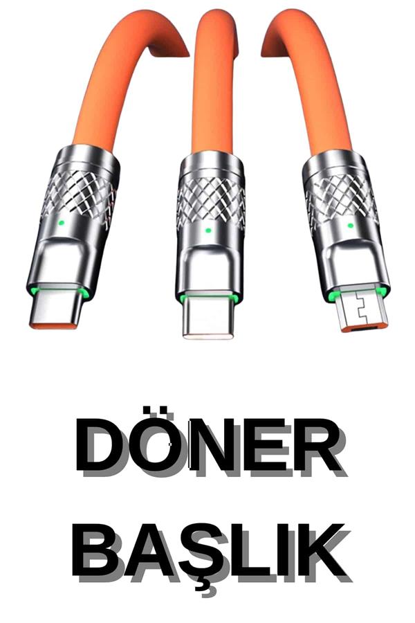 3 İn 1 Süper Hızlı Şarj Kablosu Android ve İOS Uyumlu Silikon Şarj Kablosu - Lisinya