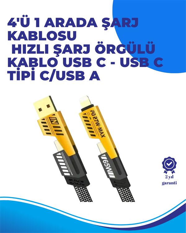 65W 4'ü 1 Arada Çoklu Şarj Kablosu – USB-C, USB-A, Lightning, Veri ve Şarj Desteği - Lisinya