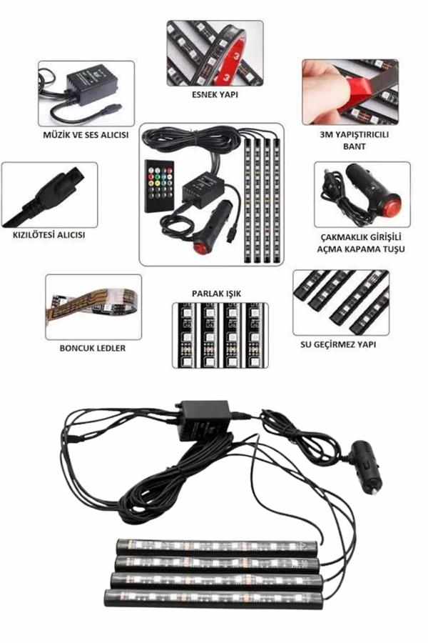 Araç İçi Ayak Altı Led 12 Led Işık Sese Müziğe Duyarlı RGB Işıklı Aydınlatma Seti - Lisinya