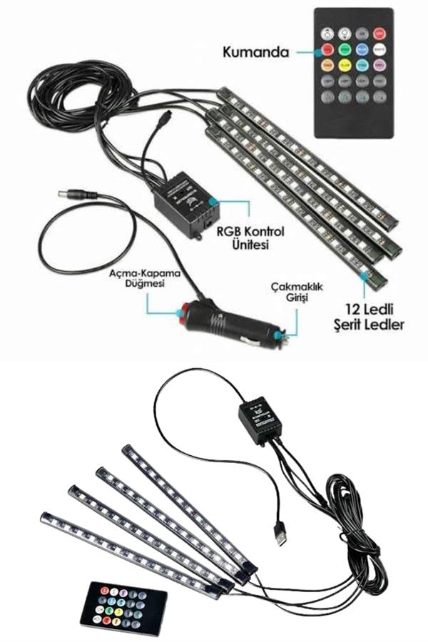 Araç İçi Ayak Altı Led 12 Led Işık Sese Müziğe Duyarlı RGB Işıklı Aydınlatma Seti - Lisinya