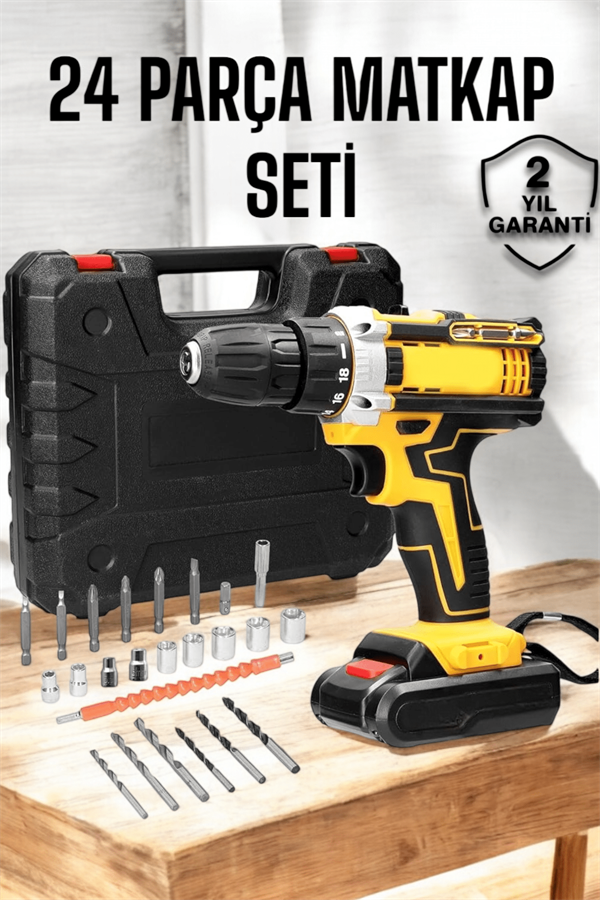Çift Bataryalı Metal Dişli Darbeli Şarjlı Matkap Seti 24W Güç ve 24 Parça Aksesuar - Lisinya