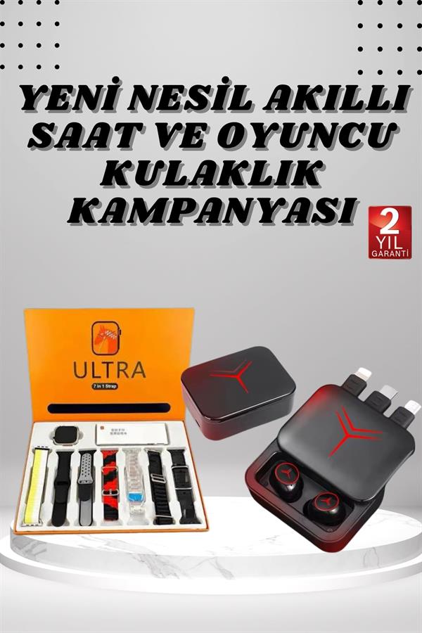 Dijital Göstergeli Powerbank Kablosuz Kulaklık ve 7 Kordonlu Yeni Nesil Akıllı Saat Dokunmatik Kontrol - Lisinya