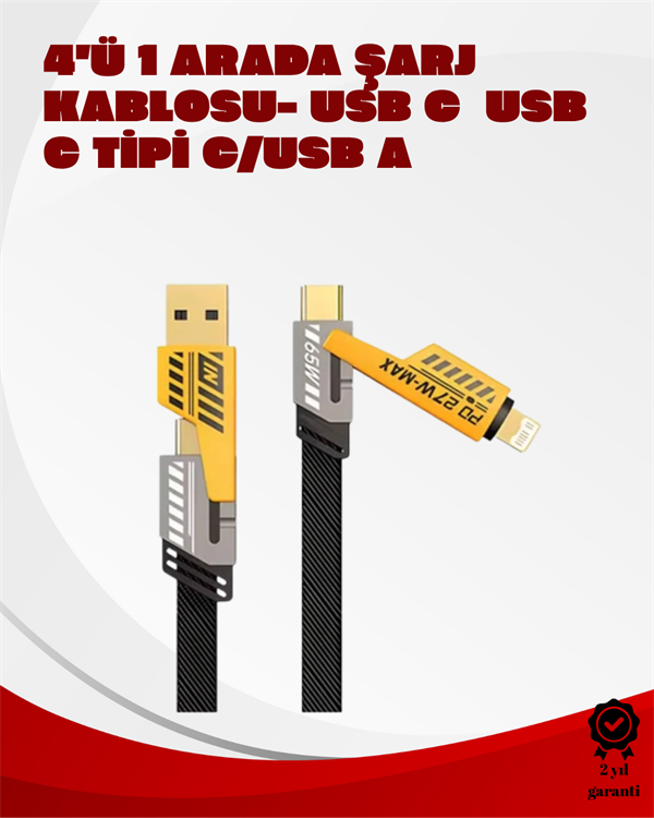 Dönüştürülebilir 4 Başlıklı Hızlı Şarj Kablosu – 1.2m, 65W, Dayanıklı ve Esnek Tasarım - Lisinya