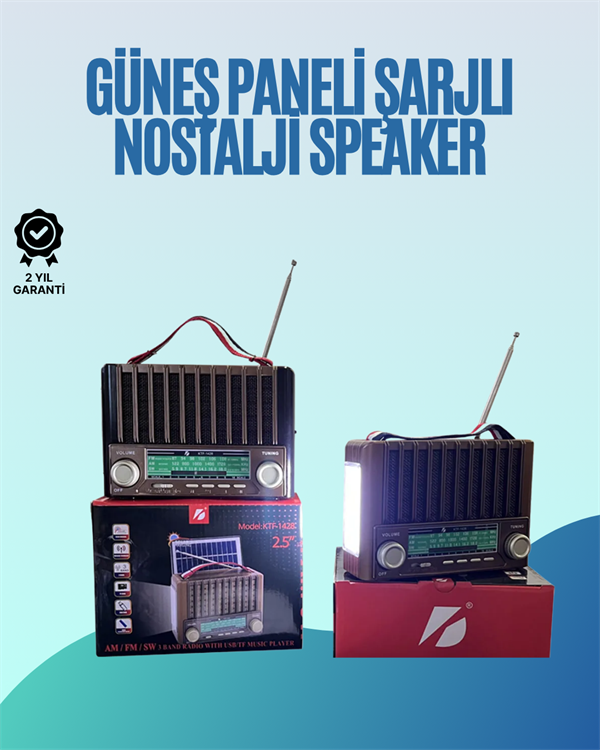 KTF-1428 Nostaljik Solar Enerjili Bluetooth Speaker – Radyo, SD/USB MP3 Çalar, Güçlü Taşınabilir Hoparlör - Lisinya
