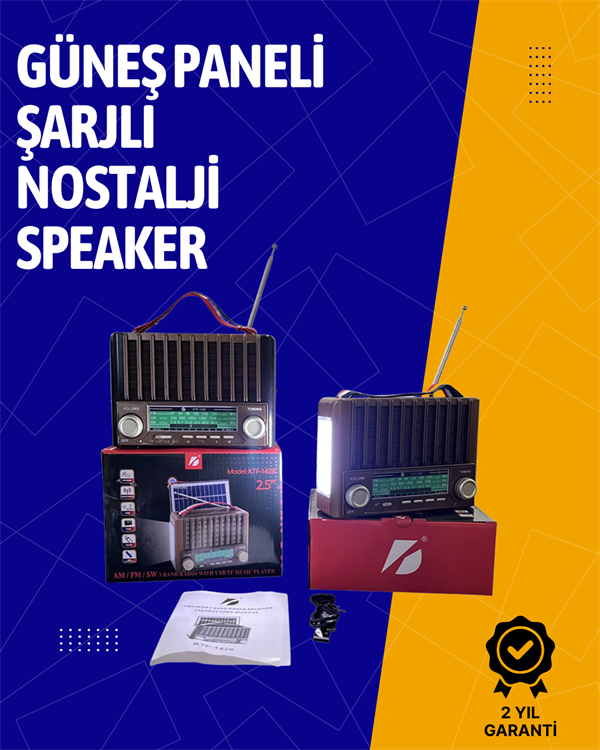 KTF-1428 Solar Enerjiyle Şarj Olabilen Bluetooth Nostalji Hoparlör – Taşınabilir, Güçlü Ses, MP3 Okuyucu - Lisinya