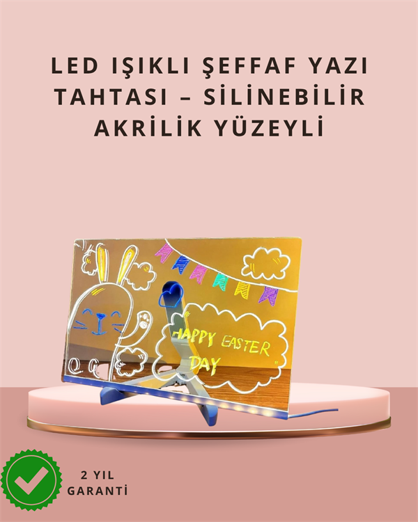 LED Işıklı Şeffaf Yazı Tahtası – Neon Etkili Akrilik Pano, Silinebilir, 7 Renkli Kalemli, 30x20 cm - Lisinya