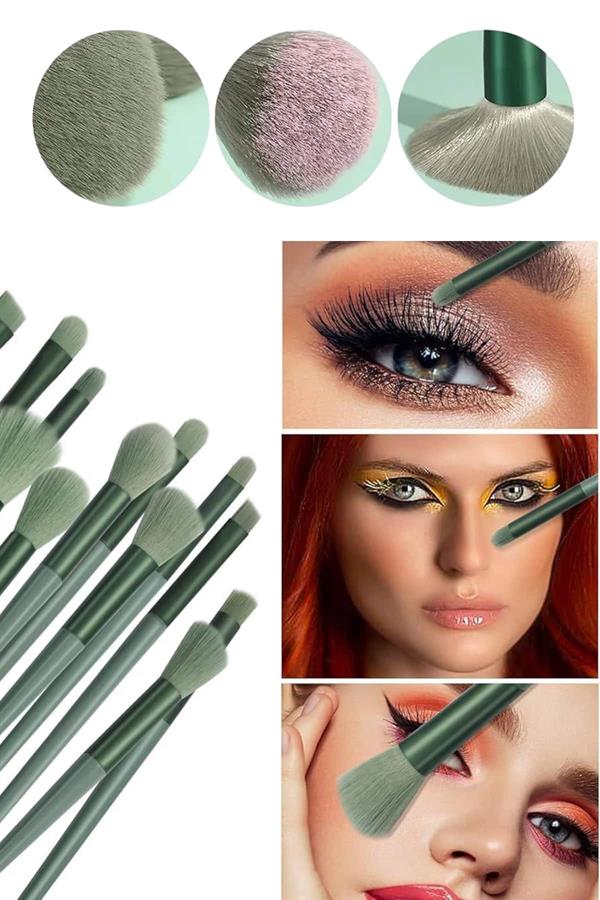 Makyaj Fırça Seti Yeşil 13 Parça Fondöten Fırçası Allık Fırçası Far Fırçası - Lisinya