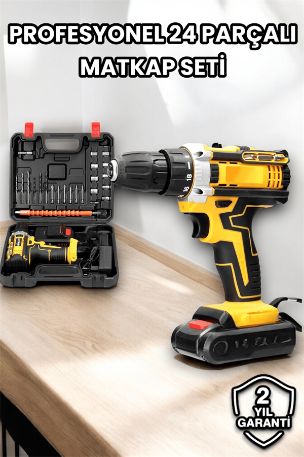 Metal Dişli 24W Akülü Matkap -Çift Bataryalı ve LED Çalışma Işığı ile Tam Set - Lisinya