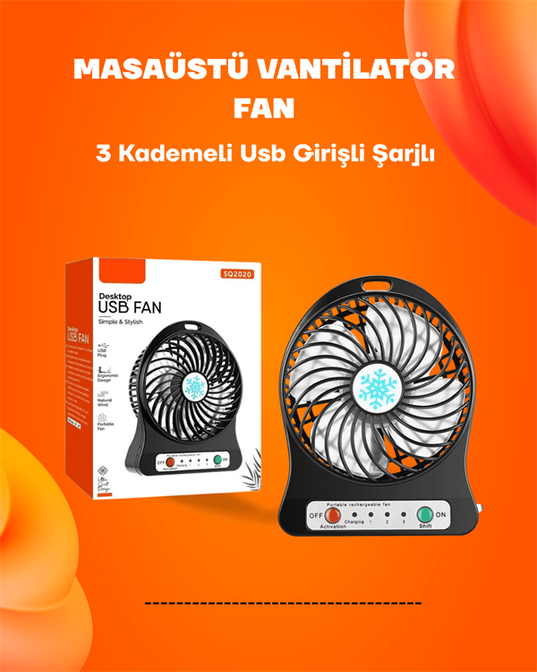 Mini Vantilatör Masaüstü – USB Girişli, Şarjlı, 3 Kademe, Sessiz Motor, Işıklı - Lisinya