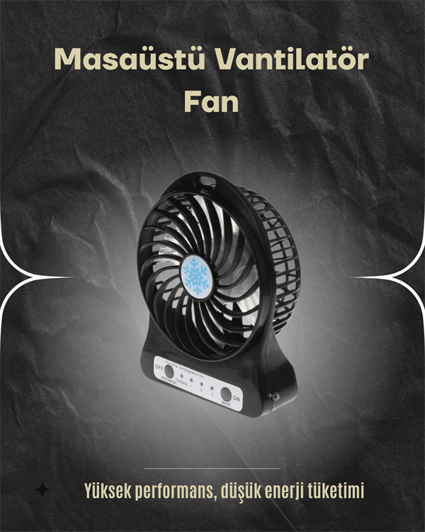 Şarjlı USB Fan – Masaüstü Mini Vantilatör, Taşınabilir, Işıklı, 3 Kademeli, Sessiz - Lisinya