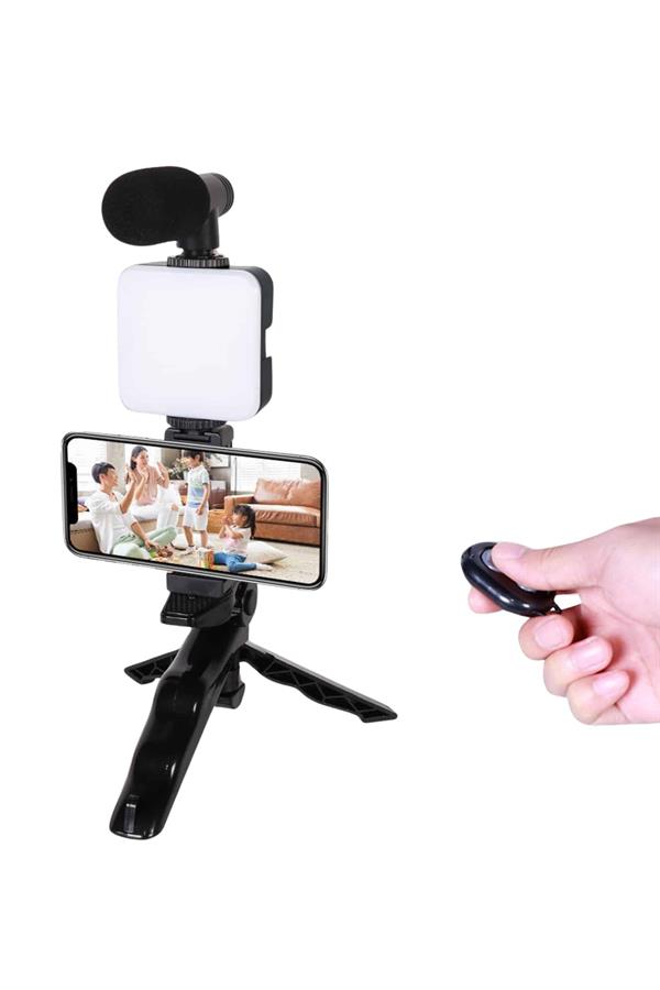 Telefon Tutucu Led Işıklı Kumandalı Mikrofon Telefon Vlog Video Kayıt - Lisinya
