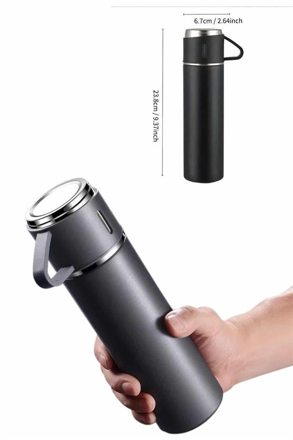 Termos Paslanmaz Çelik Termos Siyah Renk 3 Bardaklı Termos Seti - Lisinya