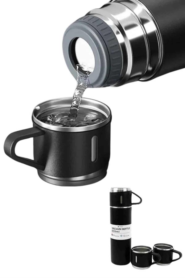 Termos Paslanmaz Çelik Termos Siyah Renk 3 Bardaklı Termos Seti - Lisinya
