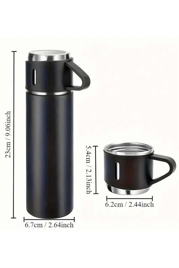 Termos Seti 3'lü Bardak Seti Isı Dayanıklı Siyah Paslanmaz Çelik Vakumlu - Lisinya