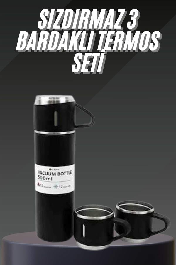 Termos Seti Paslanmaz Çelik 3 Bardaklı Vakumlu Termos Set 500 Ml 12 Saate Kadar Isı Koruma - Lisinya