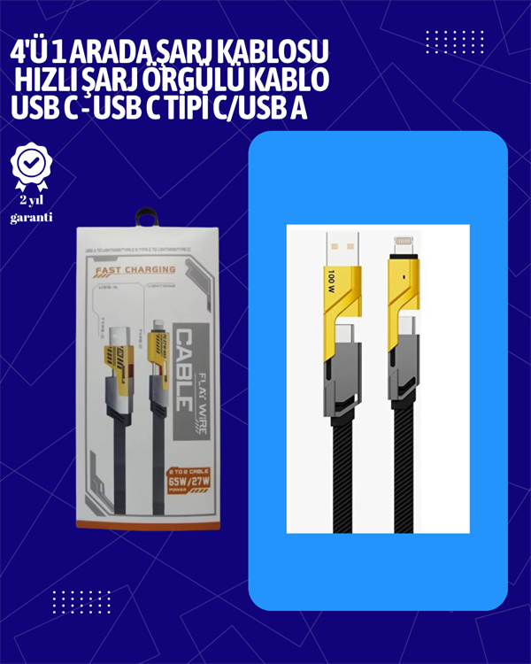 USB-C ve Lightning Uyumlu 4'ü 1 Arada Kablo – 65W Hızlı Şarj, Örgülü Dayanıklı Yapı - Lisinya